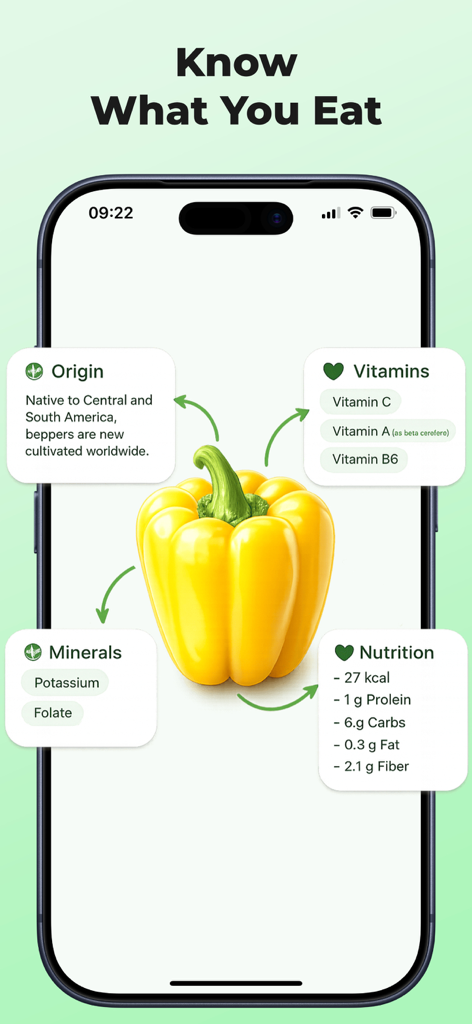 Vegetable Identifier: Scan AI - A yellow bell pepper scan showing origin, vitamins, minerals, and nutritional facts in the app interface.