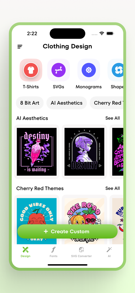 T-Shirt Designer & Printer - 衣料品デザインのカテゴリとAIアートテンプレートを示すTシャツデザイナー＆プリンターアプリのホーム画面。