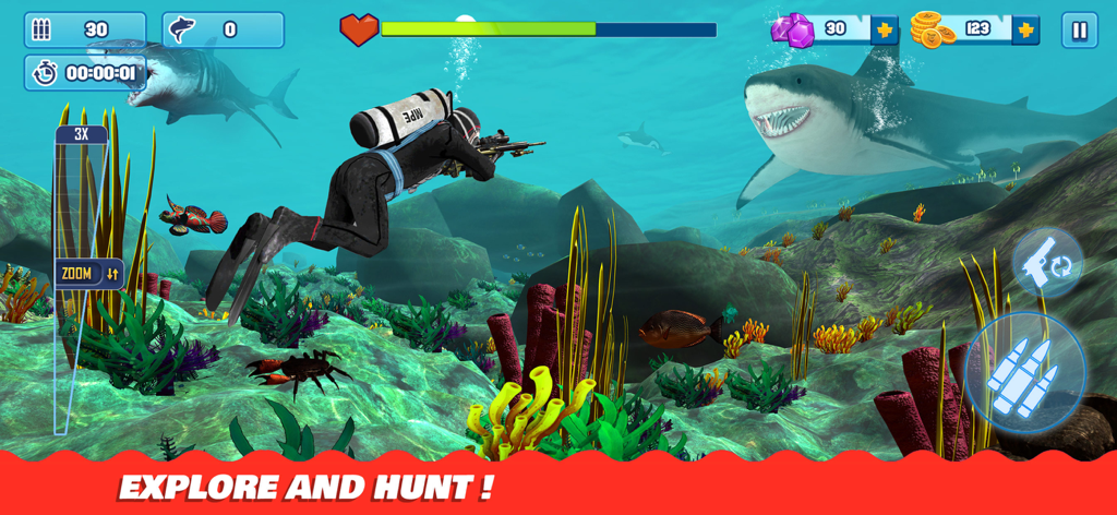 Shark Hunting Games: Sniper 3D - Scuba diver aiming a sniper rifle at a large shark in an underwater coral reef environment