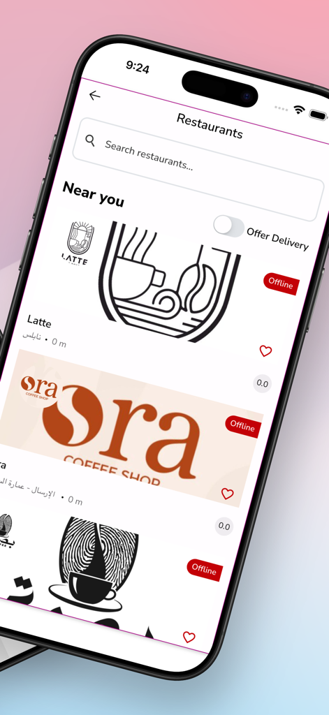 Resto+ - Resto plus app screen showing a search bar and list of nearby restaurants like Latte and Ora Coffee Shop