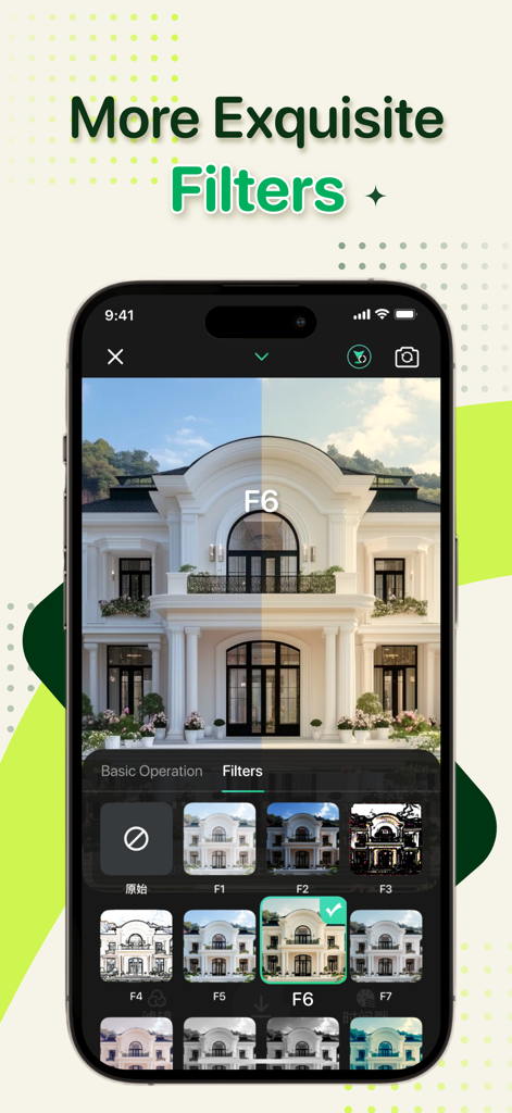 Timestamp Camera app interface showing professional filters being applied to a modern building photo
