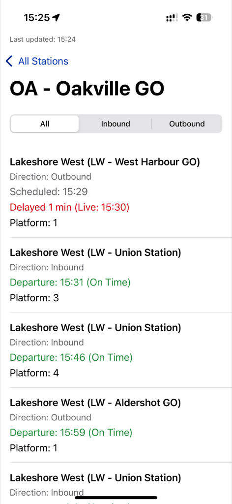 OntarioTransit Departure Times - Live GO train departure times and platform numbers for Oakville station.