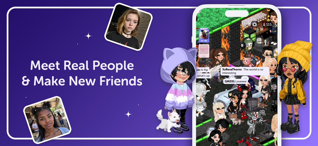 Un groupe d'avatars virtuels élégants socialisant dans une pièce numérique avec le slogan « Rencontrez de vraies personnes et faites-vous de nouveaux amis ».