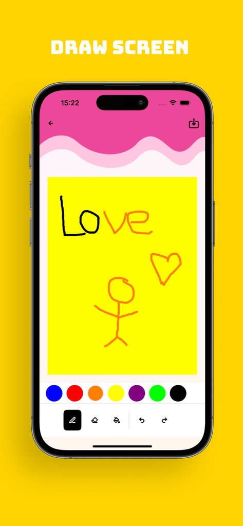 PixVesre: Art Studio Generator - Pantalla de dibujo de la aplicación PixVerse que muestra un lienzo amarillo con un boceto de una figura de palo y herramientas de selección de color