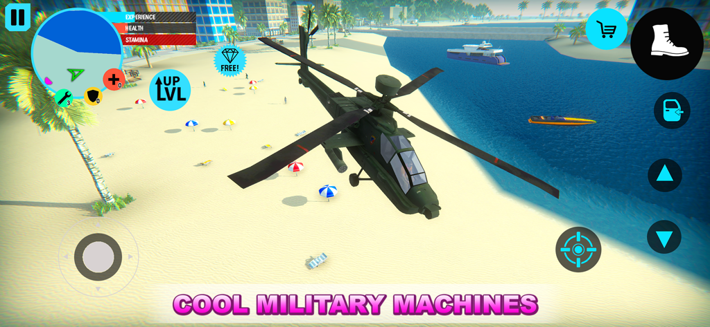 A military attack helicopter flying over a beach in the Rio crime city mobile game