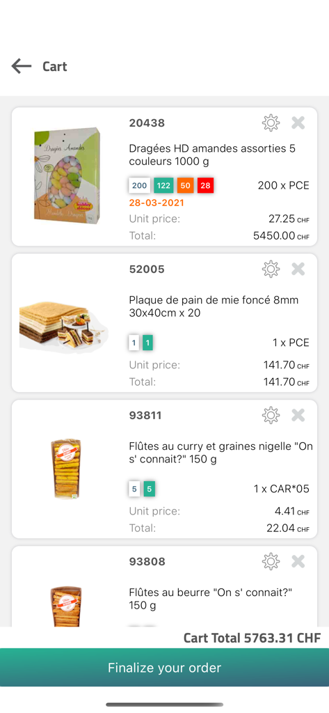 VGPeem - ecommerce solution - A professional mobile shopping cart interface showing a list of wholesale food products with prices and a finalize order button