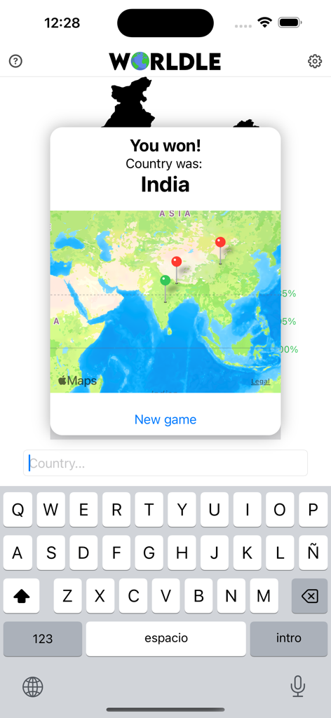 A winning screen in the Worldle geography game showing India as the correct country with a map location