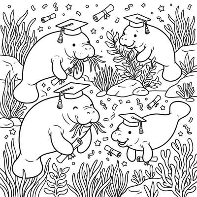 Join these charming manatees as they celebrate their big graduation day with an underwater feast. This unique coloring page combines academic achievement with the tranquil beauty of the sea.