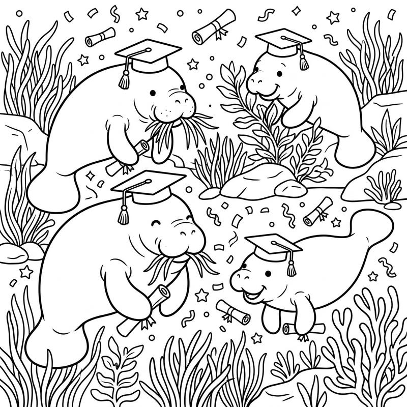 Join these charming manatees as they celebrate their big graduation day with an underwater feast. This unique coloring page combines academic achievement with the tranquil beauty of the sea.