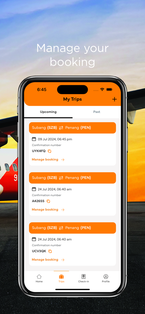 Firefly Airlines - Firefly Airlines app My Trips screen showing upcoming flight bookings and itinerary management