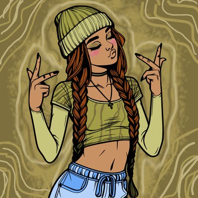 realistic teenage girl with braids and a beanie and crop top doing 🫶🏼