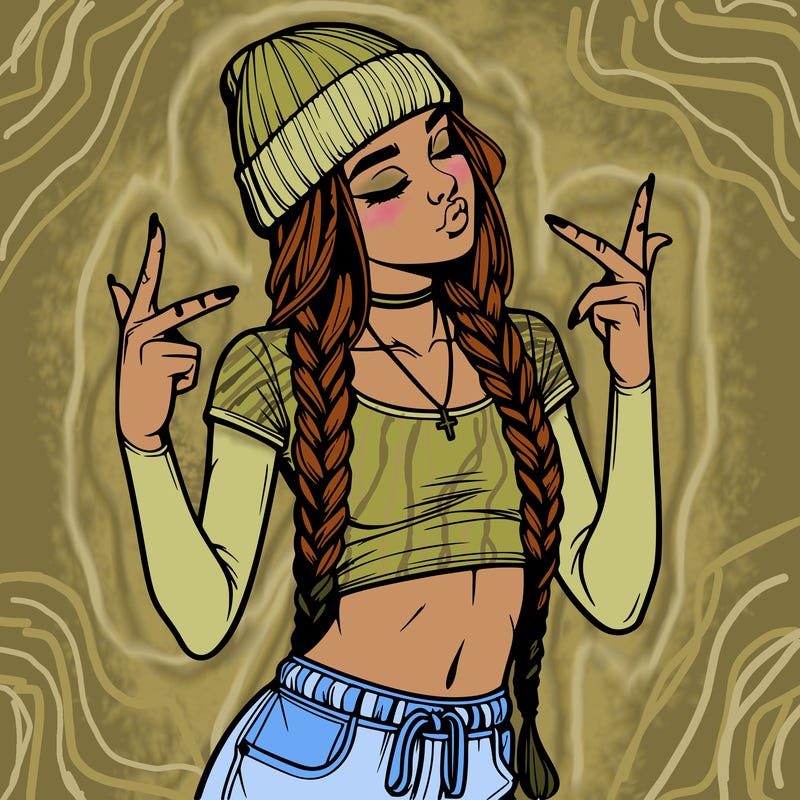 realistic teenage girl with braids and a beanie and crop top doing 🫶🏼