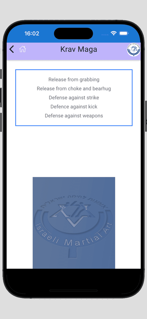 Krav Maga All - Main menu of the Krav Maga app displaying self defense technique categories like releases and weapon defense