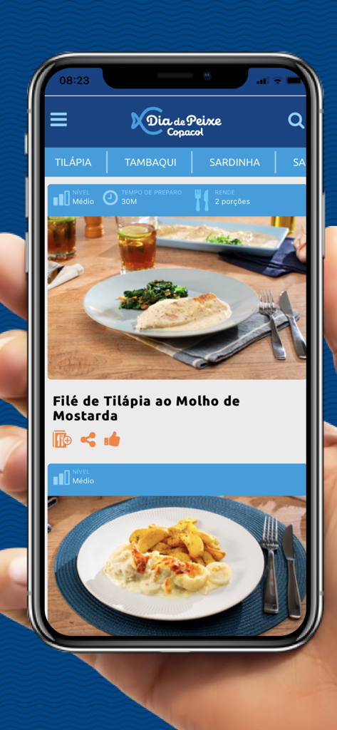Mobile app interface of Dia de Peixe showing a Tilapia fillet recipe with mustard sauce and preparation details