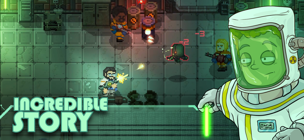 宇宙船でのトップダウンピクセルアートシューターのゲームプレイ。素晴らしいストーリーテキストオーバーレイ付き。