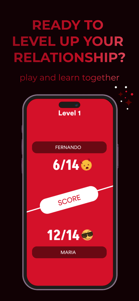 Mobile app screen showing a relationship quiz score comparison between two partners in iPassion
