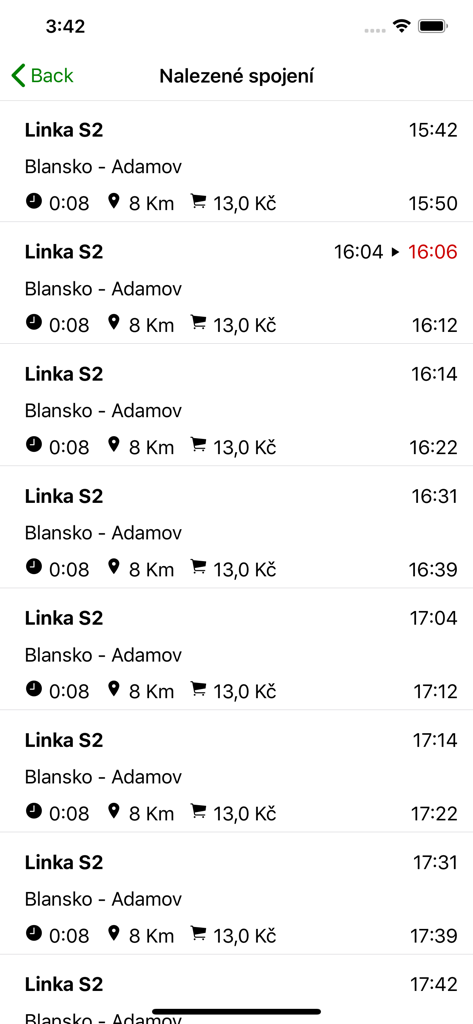 Resultados de búsqueda de conexiones de tren en la aplicación IDS JMK Poseidon que muestran horarios y precios de billetes para la Línea S2