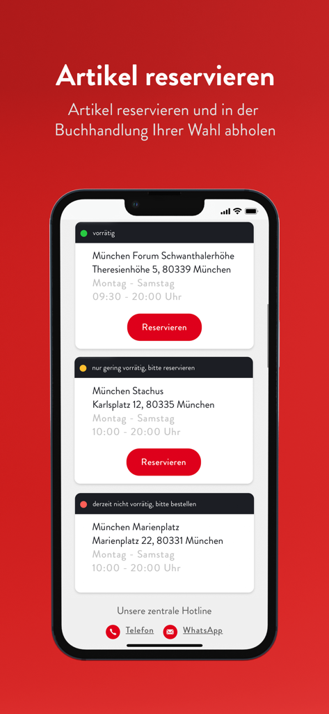 Schermata dell'app mobile Hugendubel che mostra la disponibilità in negozio e le opzioni di prenotazione di libri per le sedi di Monaco