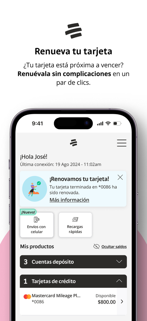 Banistmo APP Personas - Interfaz de la aplicación de banca móvil Banistmo mostrando una notificación de renovación de tarjeta y saldos de cuenta.