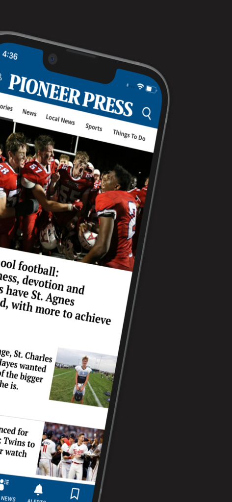 St Paul Pioneer Press app interface with local news and sports articles