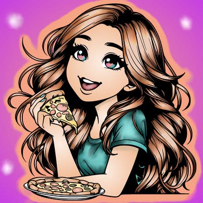 realistic girl with long hair and she's eating pizza