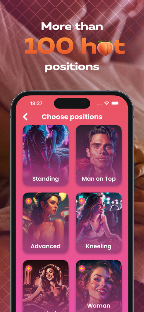 Pantalla del móvil de la app Sex Actions mostrando una variedad de categorías de posturas íntimas para parejas.