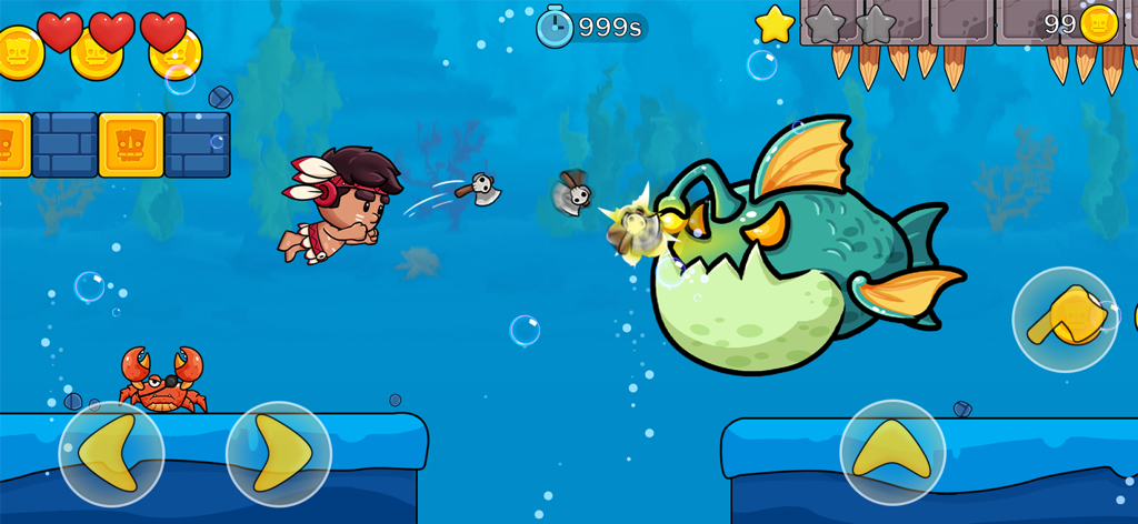 Jungle Adventure: Tribe Boy - Tribe Boy nadando em um nível subaquático lutando contra um grande peixe verde chefe com controles retrô na tela.