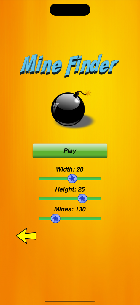 Mine Finder Professional menu screen showing sliders to customize board width height and number of mines