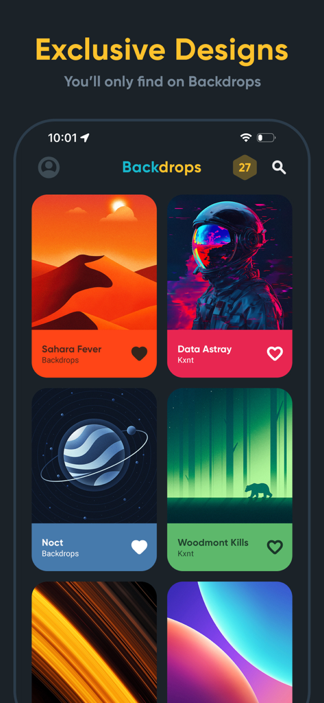 Oberfläche der Backdrops-App, die eine Sammlung exklusiver kuratierter Wallpaper-Designs zeigt, darunter Wüsten- und Weltraumthemen.