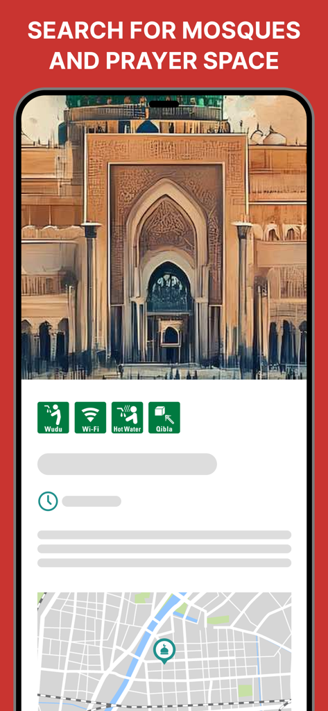 Halal Gourmet Japan - Mobile app screen showing a search interface for mosques and prayer spaces in Japan with facility icons and a map view