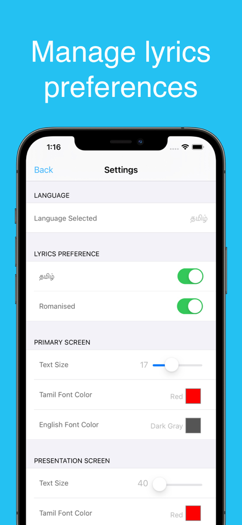 Tamil Christian Worship Songs - Settings screen of the Tamil Christian Worship Songs app showing options for lyrics preferences and font customization
