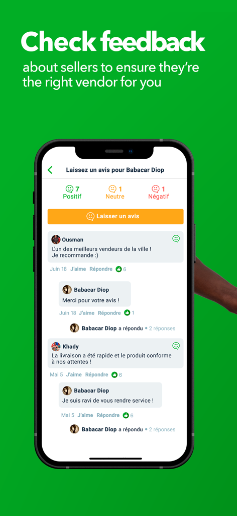 Jiji Sénégal - A smartphone displaying seller reviews and ratings in the Jiji Senegal mobile app.
