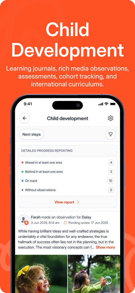Child development section of the Parent app showing progress reporting and teacher observations