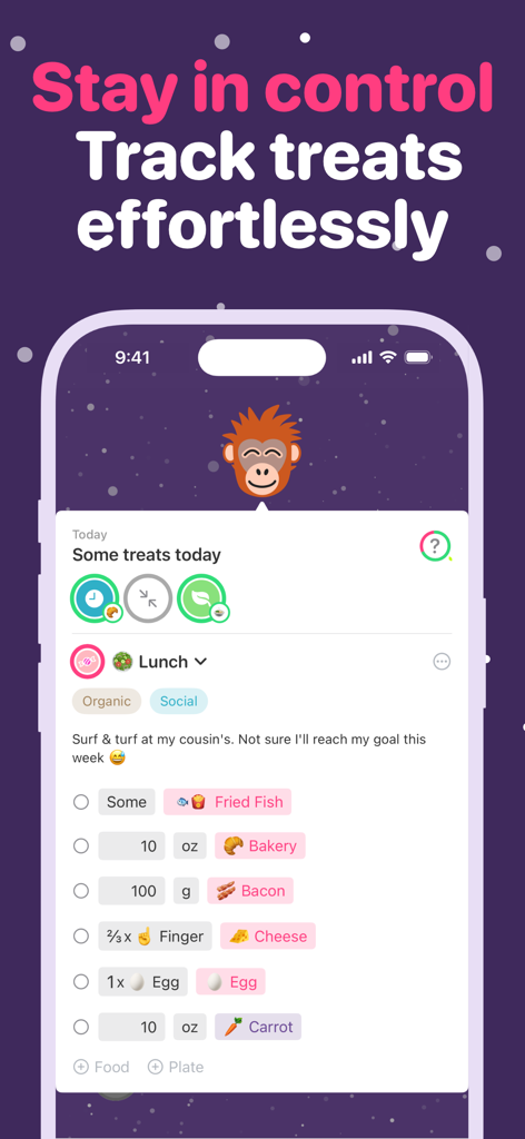 Quit Sugar: No Treat Today - Pantalla móvil de la aplicación No Treat Today que muestra una interfaz de registro de alimentos con una mascota orangután y un rastreador de caprichos diario