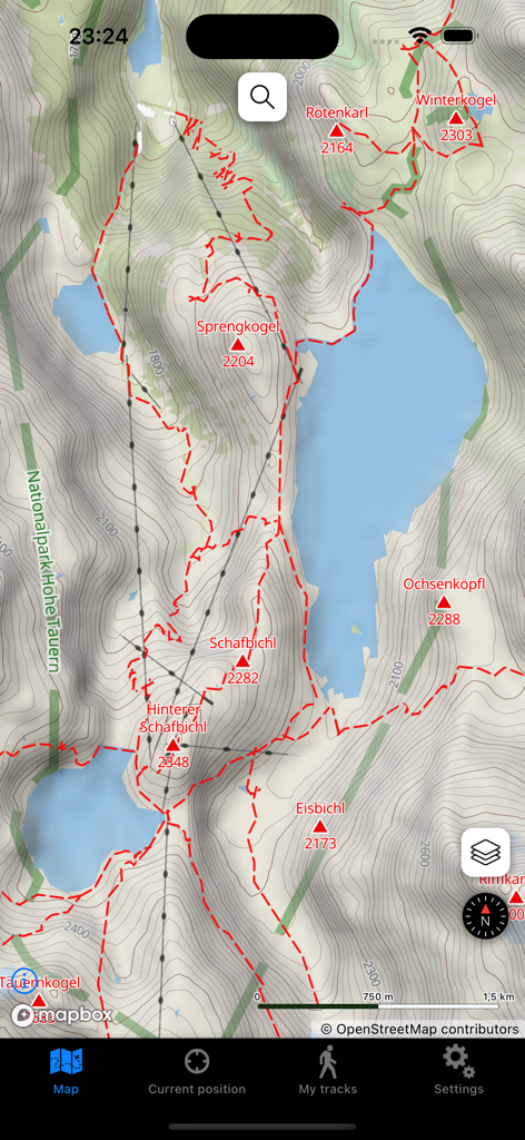 Carte de randonnée topographique détaillée des Alpes autrichiennes montrant les sentiers, les sommets et les courbes de niveau