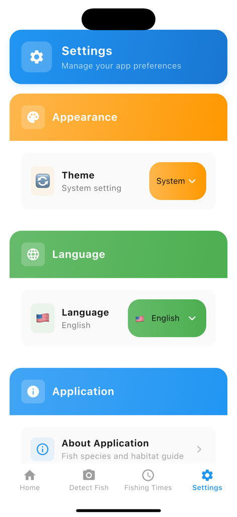 Fish Finder AI:Catch Time - Settings screen of the Fish Finder AI app showing appearance and language preferences