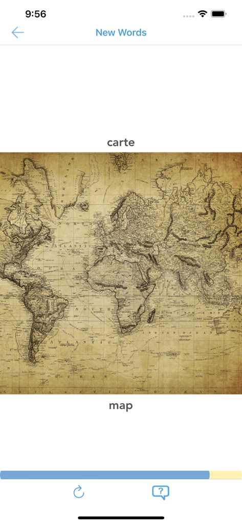 Bildschirm einer Französisch-Lern-App mit dem Wort carte und einer Illustration einer Weltkarte