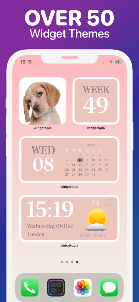 Widgetopia app display showing a soft pink aesthetic widget theme with calendar and weather on an iPhone