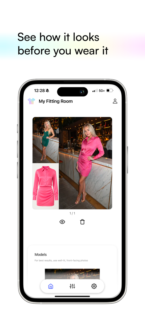 Interface of My Fitting Room app showing a model trying on a pink outfit using AI technology