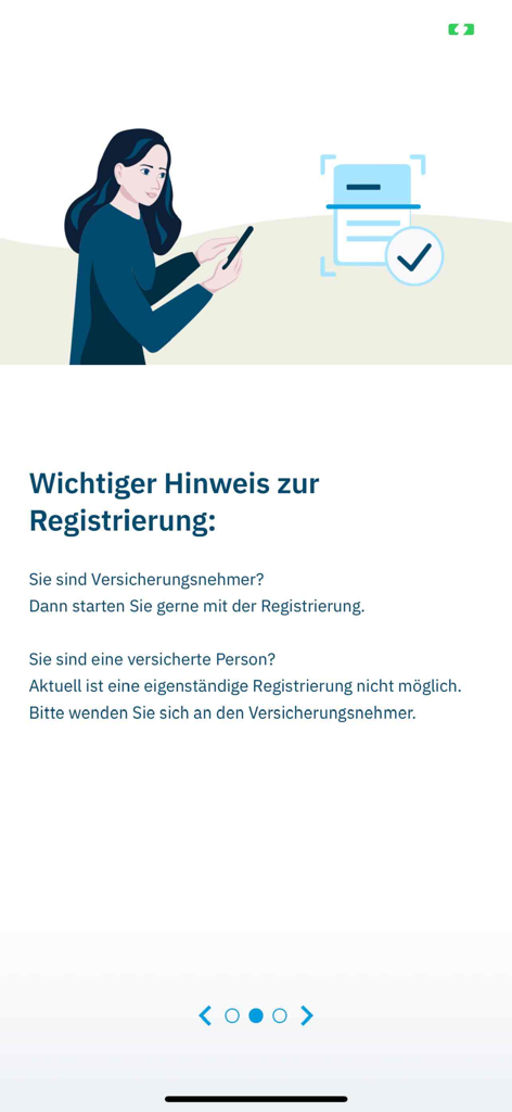 Debeka Gesundheit app registration screen with an illustration of a woman scanning a document