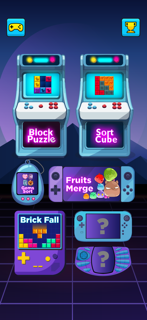 Block Puzzle: blast the square - Una colección de modos de juego de puzles desbloqueables que se muestran como coloridas máquinas de arcade retro y consolas portátiles.