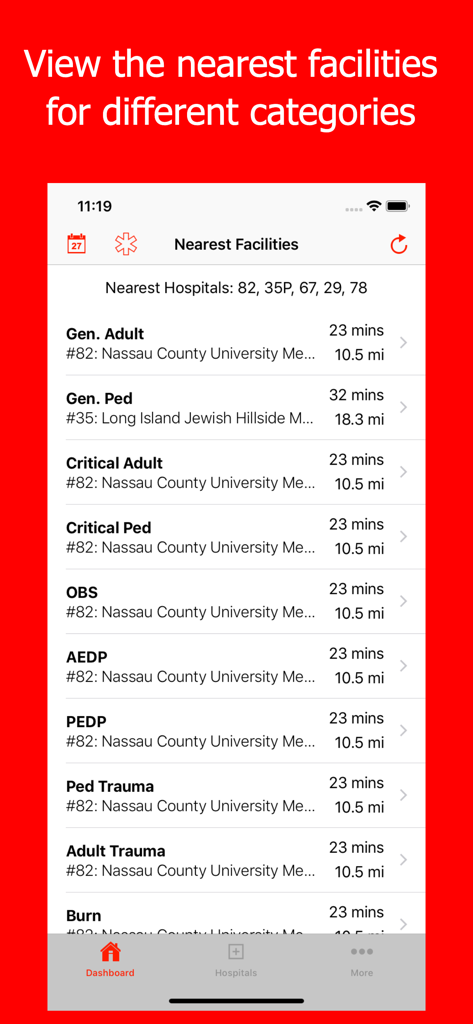Mobile MDT - NYFD - Mobile MDT app screen showing a list of nearest NYC hospitals categorized by medical specialty and emergency type
