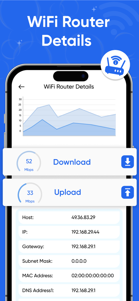 All Router Wifi Admin Setup - Mobile app screen showing WiFi router details including download and upload speeds with network technical information