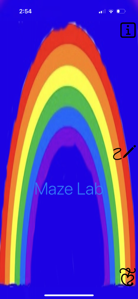 Maze Lab Creator - 迷路ラボクリエイターアプリのインターフェース内で、青い背景に手描きされたカラフルな虹。