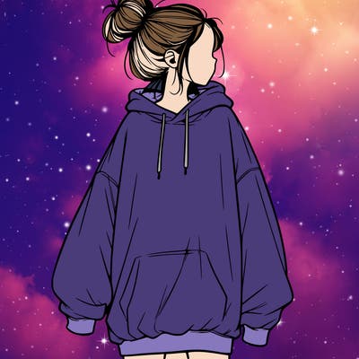 realistic girl with a oversized sweatshirt on and a bun