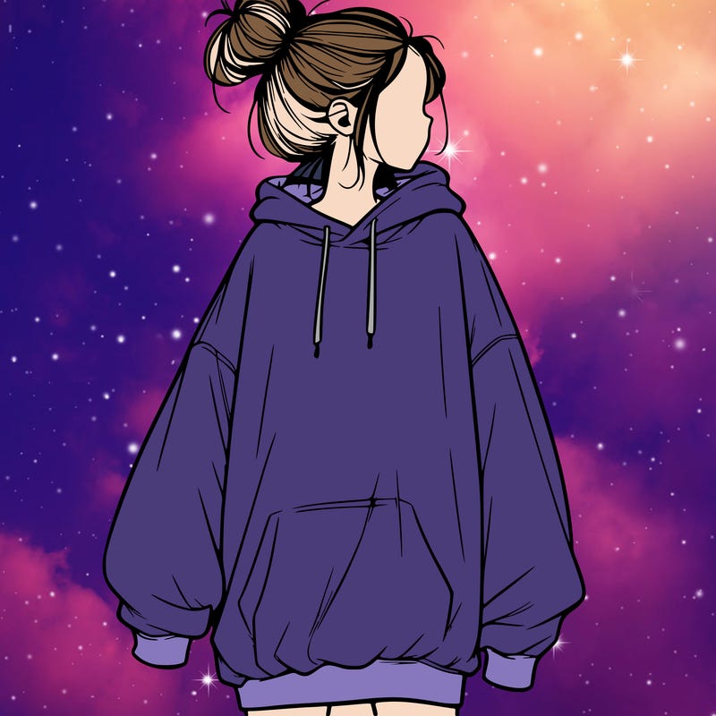 realistic girl with a oversized sweatshirt on and a bun