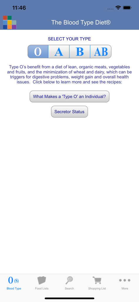 Blood Type Diet® - La schermata di selezione dell'app Blood Type Diet che mostra i gruppi sanguigni O A B e AB con consigli sanitari specifici per il tipo O