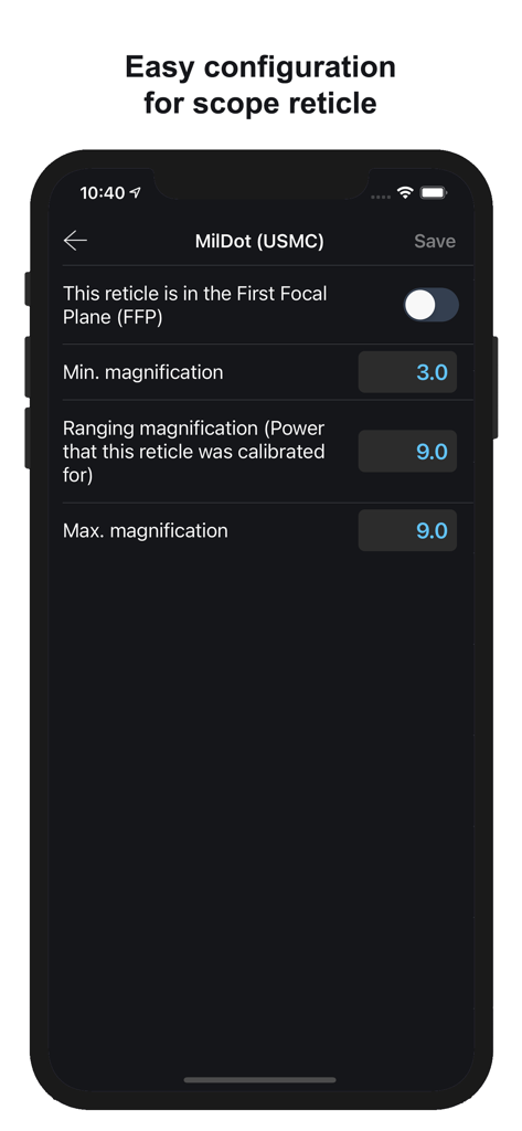 Stadiametric Rangefinder - Configuration screen for riflescope reticle magnification and focal plane settings
