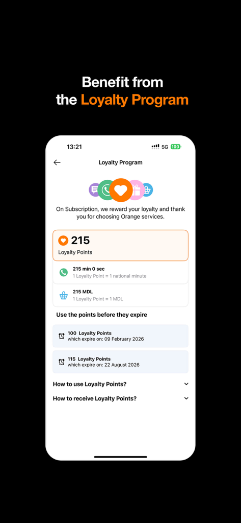 My Orange Moldova - My Orange Moldova app loyalty program screen showing 215 points and expiration dates