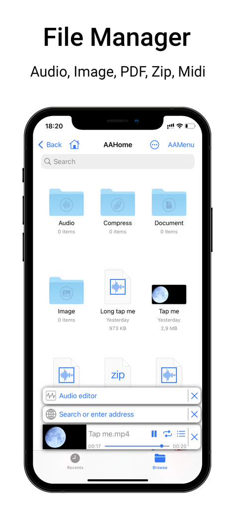 Media Assistant - Tela do gerenciador de arquivos do aplicativo Media Assistant exibindo várias pastas e um player de áudio integrado